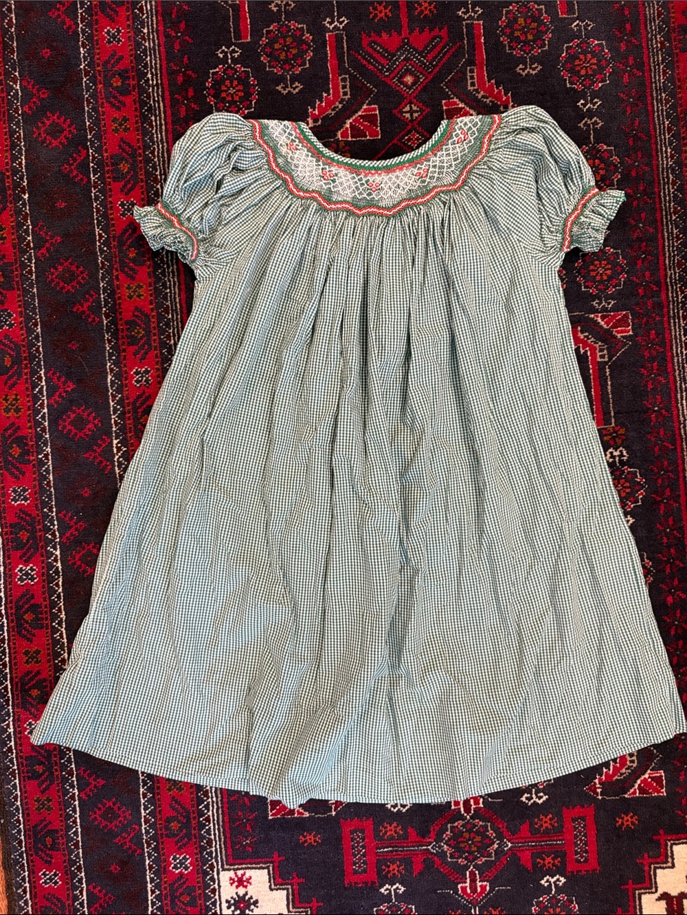 Girls' Green Gingham Smocked Casual Dress